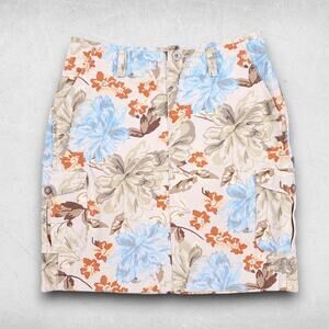 VTG Eddie Bauer Floral Canvas Skirt 4 Beige Cargo Pockets Slit Back Y2K Utility